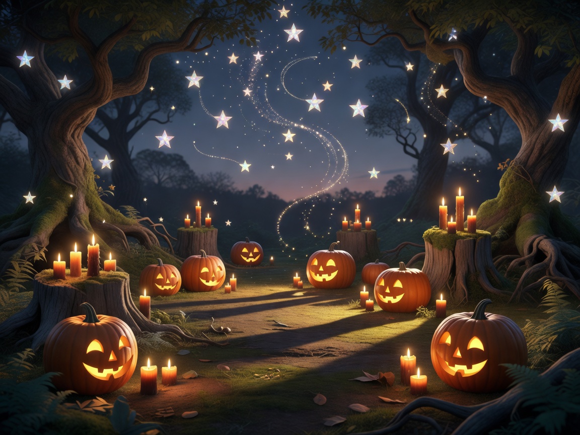 Friendly spooky Halloween scene with pumpkins, candles, and magical stars