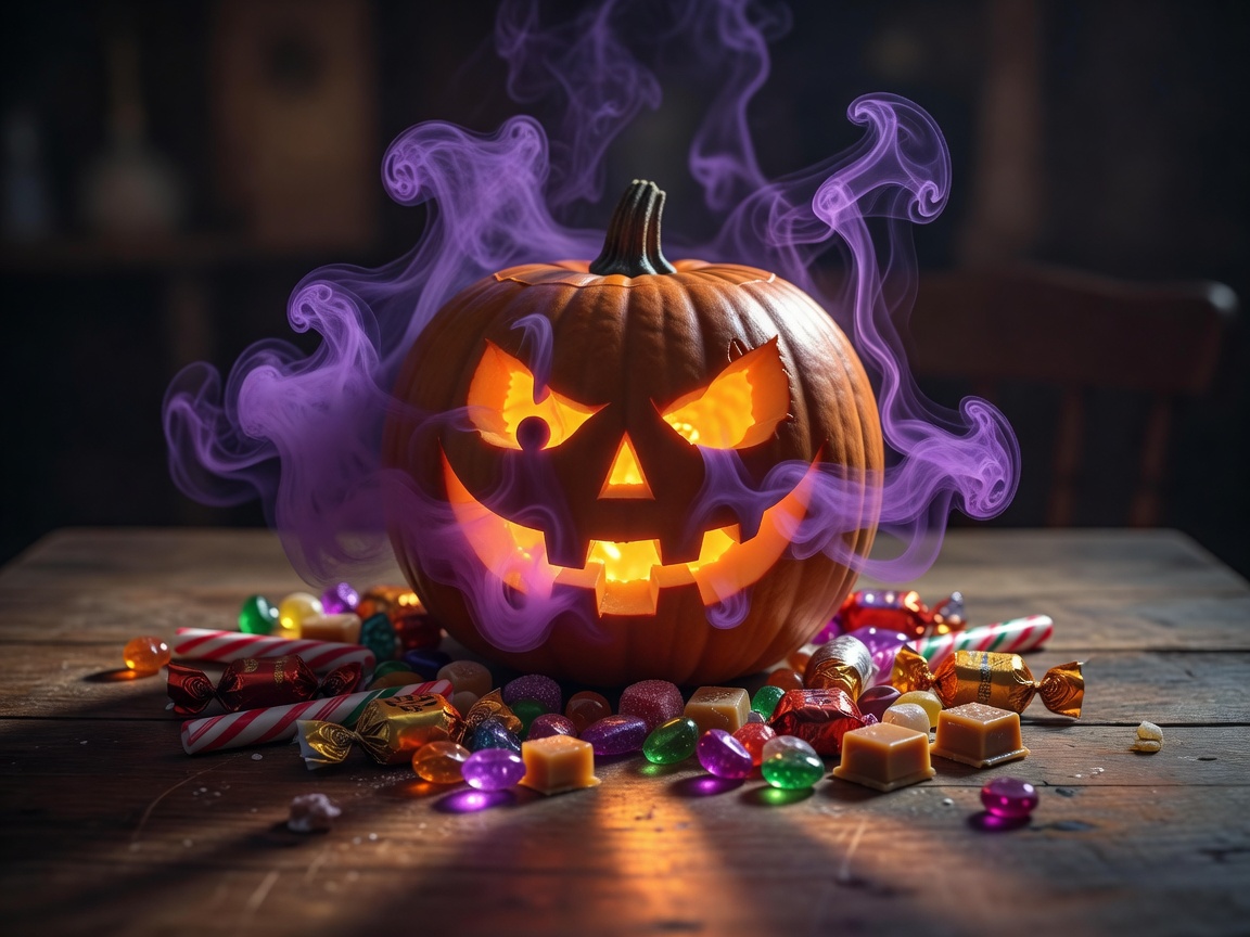 Glowing jack-o'-lantern with candy and purple smoke