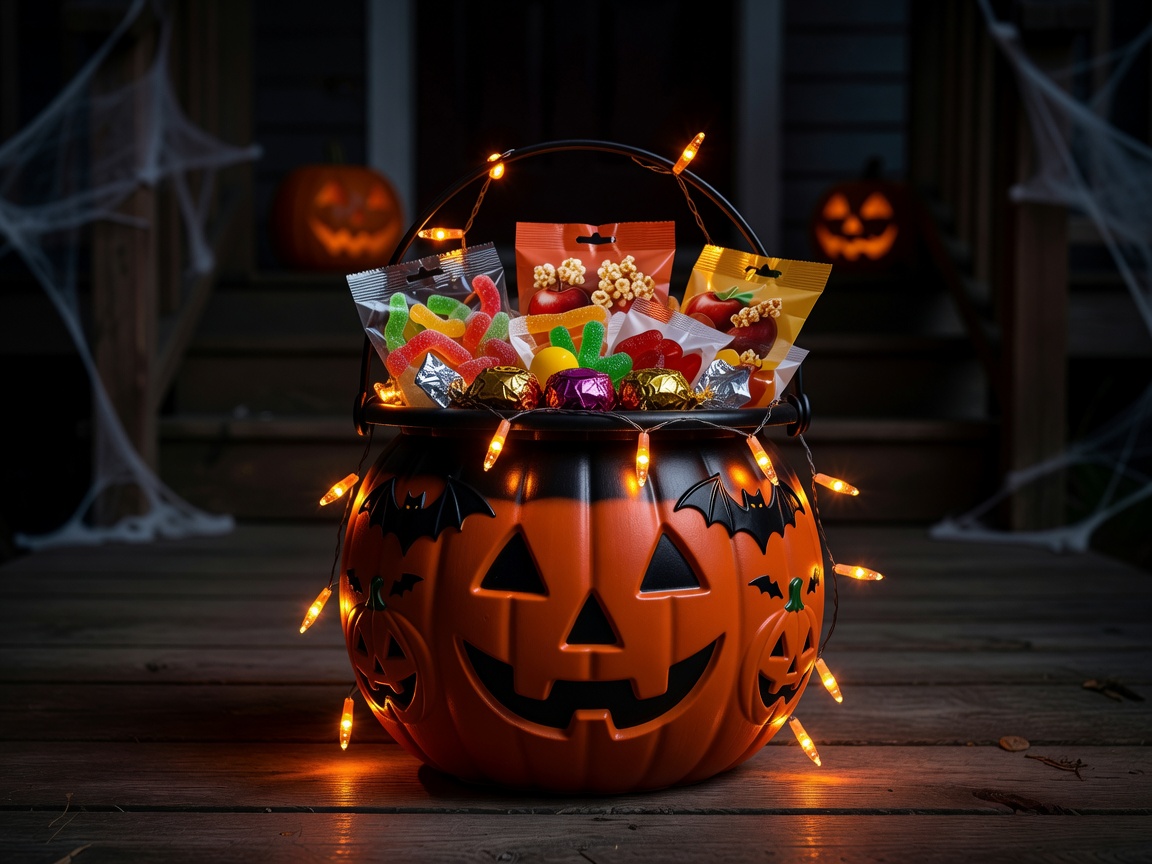 Halloween candy bucket with pumpkins, bats, and orange lights